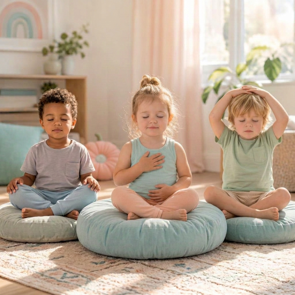 Two little boys and a little girl sitting cross-legged on cushions, breathing calmly